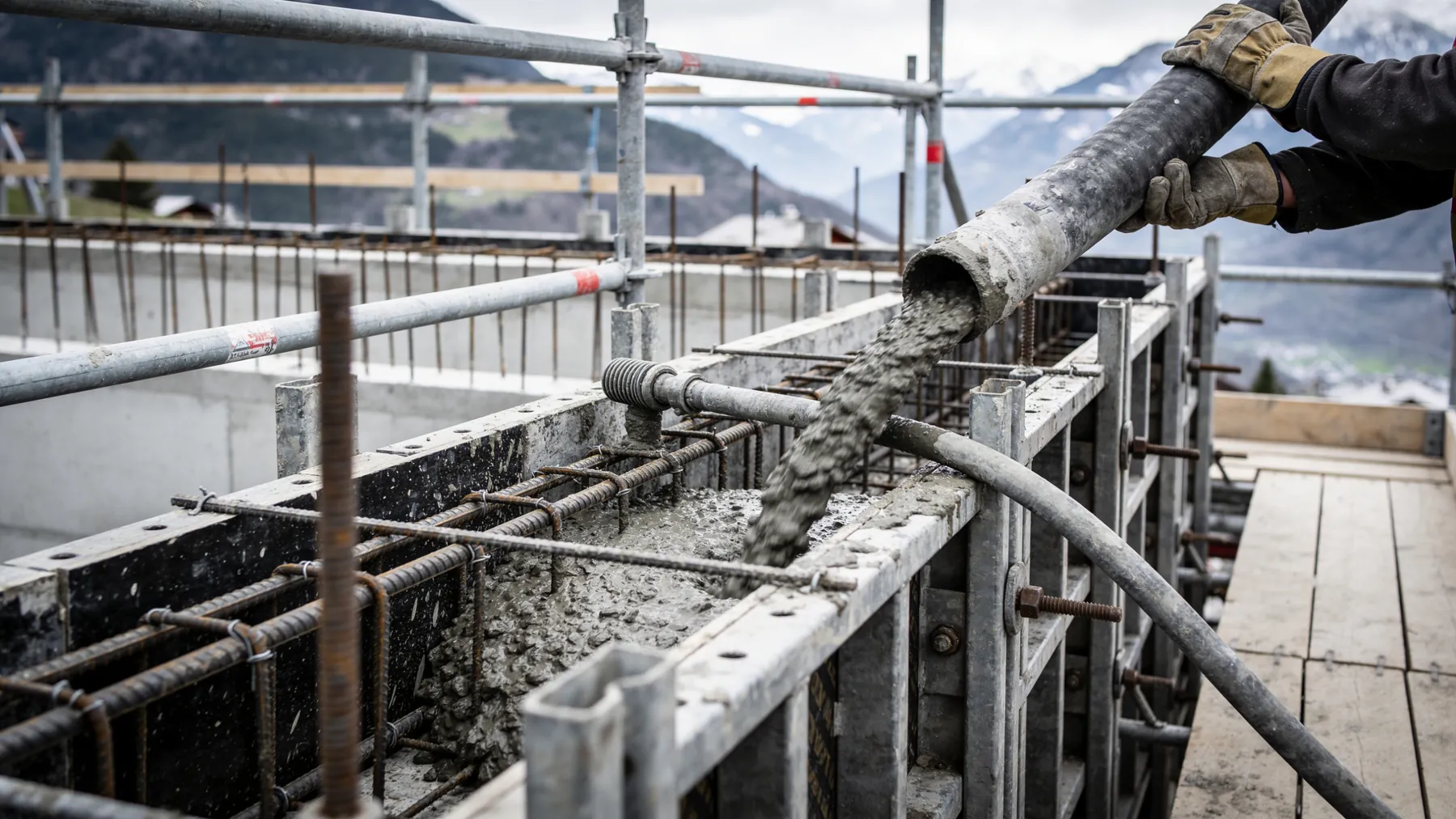 Mise en place du béton dans un coffrage de mur
