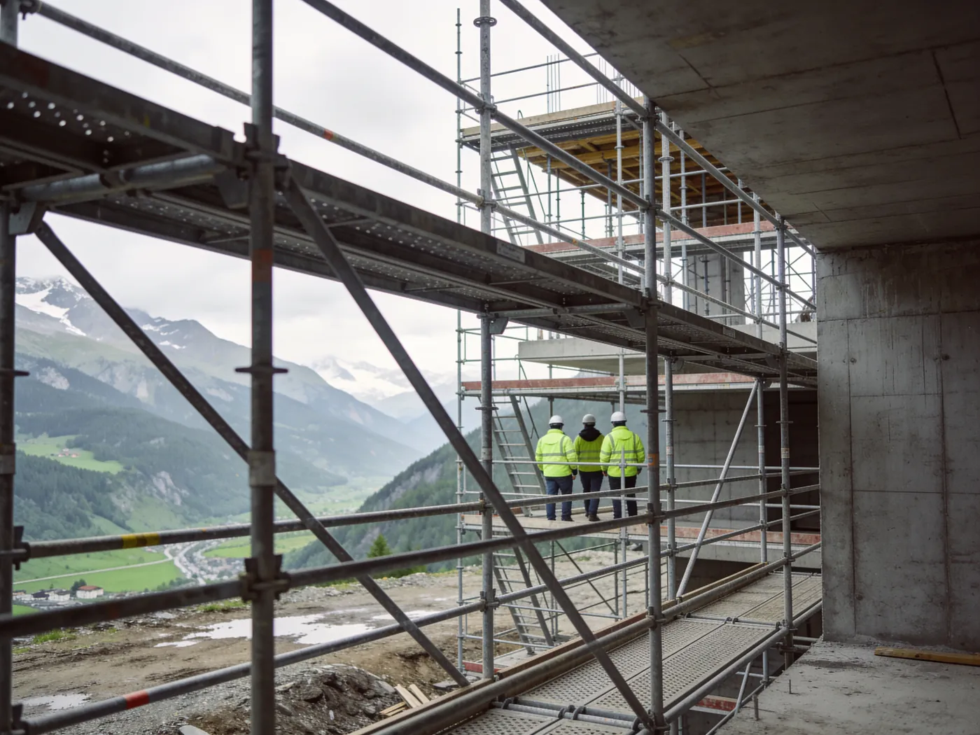 Équipe au travail sur une dalle en béton, chantier valaisan