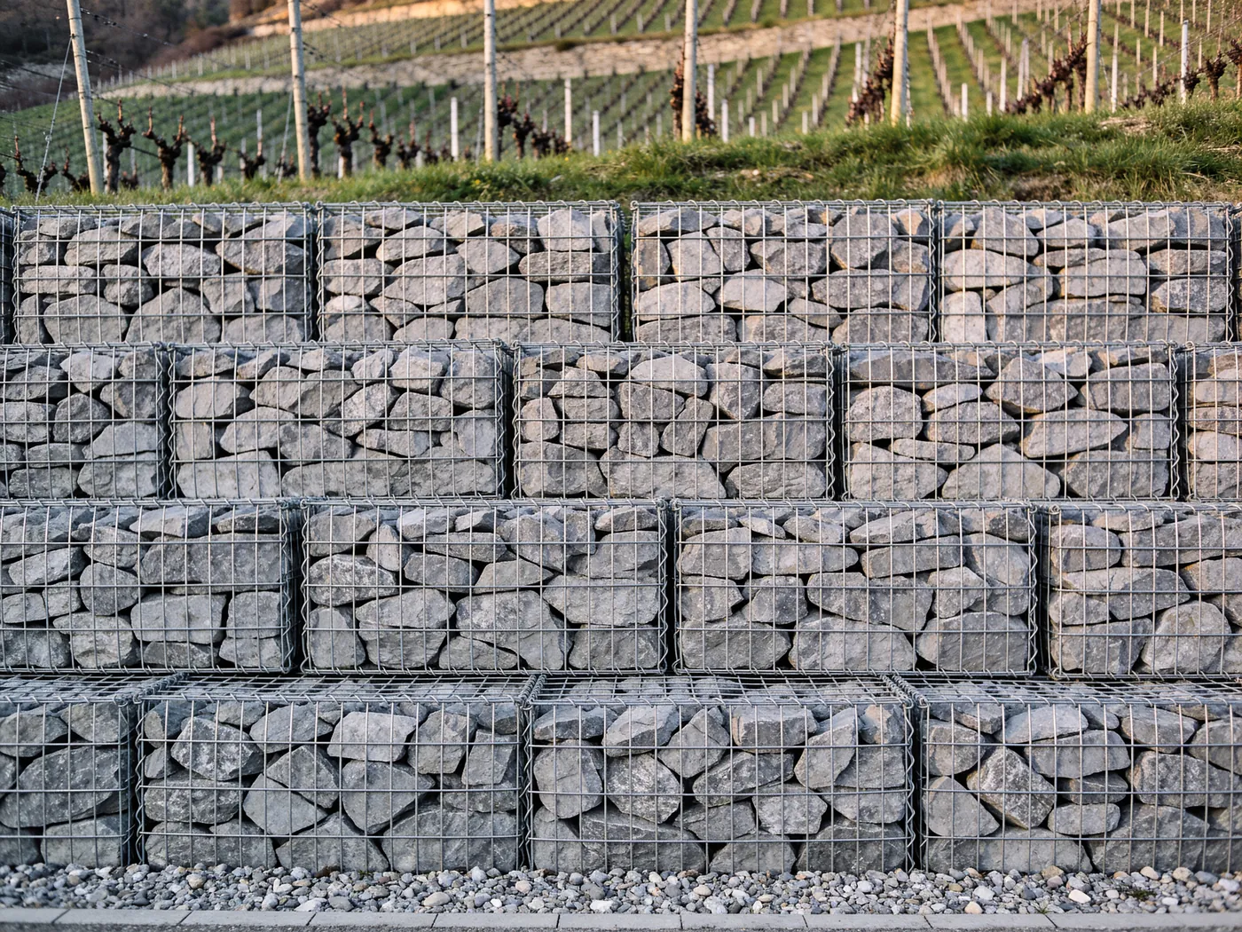 Mur en gabions, cages métalliques remplies de pierre, montées en gradins